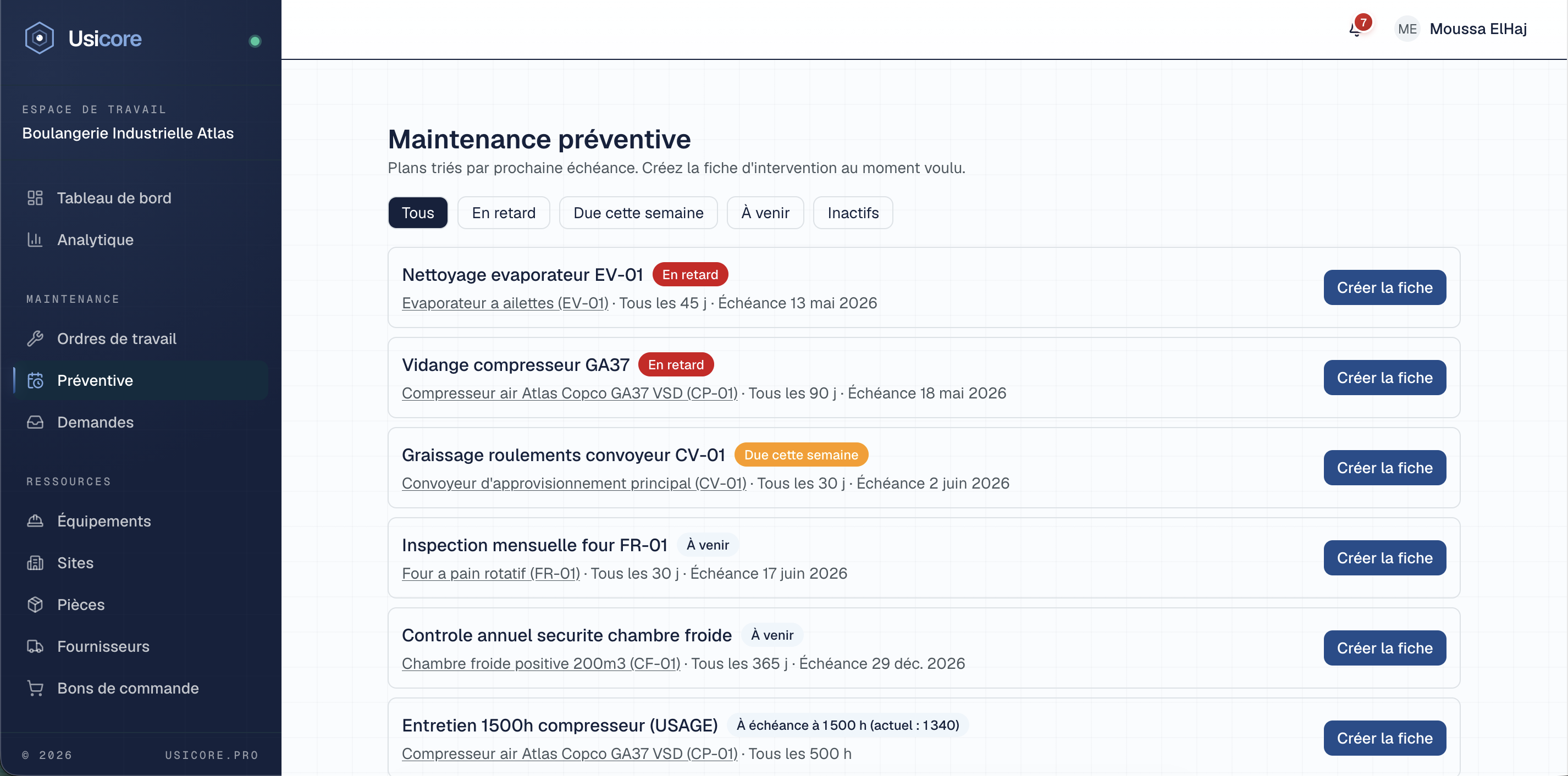 Page de maintenance préventive avec plans en retard et à venir